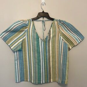Ann Taylor Factory Striped‎ Boxy Deep V Neck Linen Blend Tie Back XL